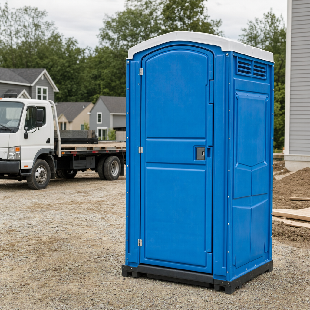 Delivery driver positioning a clean royal-blue portable toilet on level ground at a Pasadena worksite