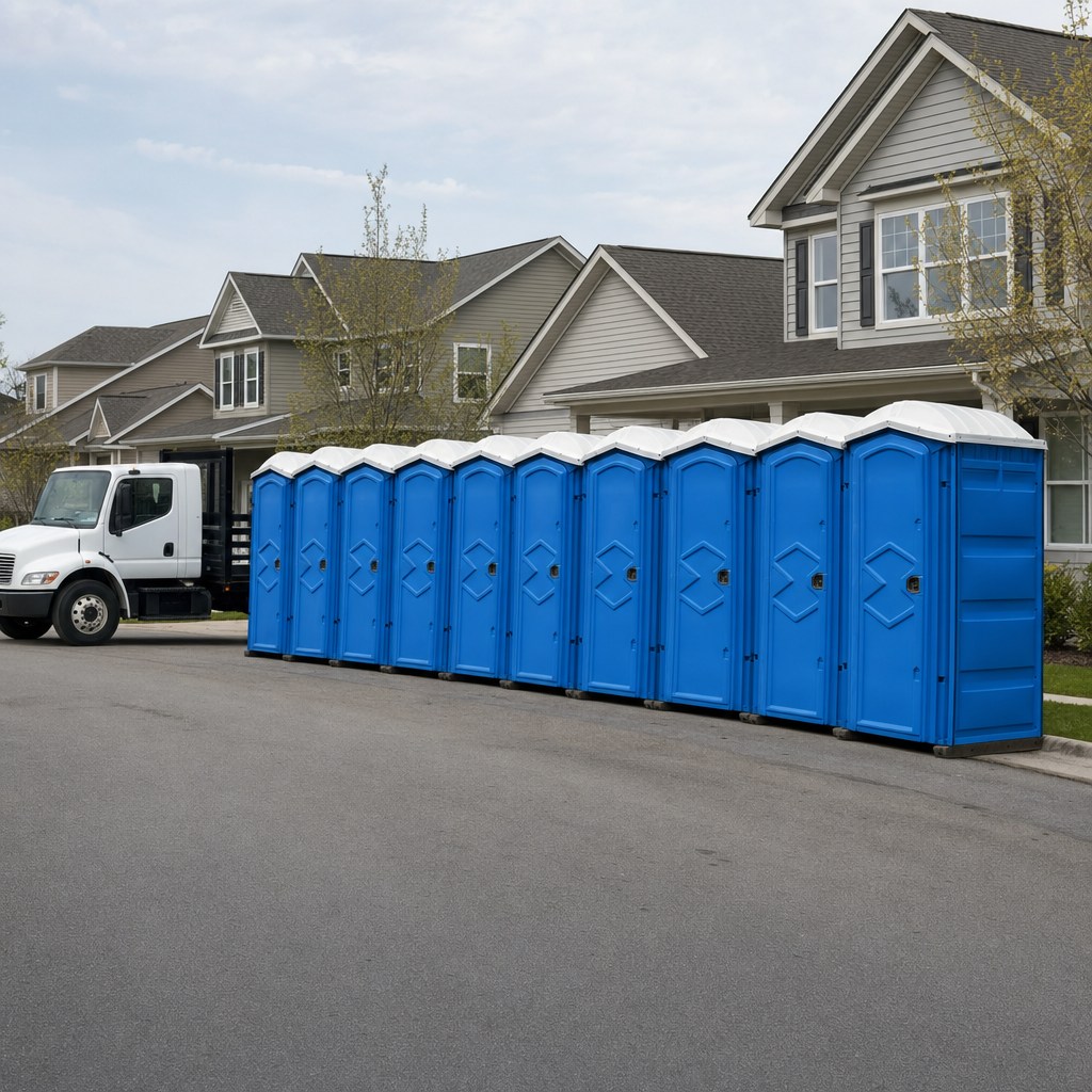 Royal blue portable toilets staged in a tidy row at a Pasadena jobsite, ready for delivery